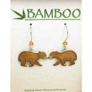 Brown Bear Dangle Earrings by Bamboo 925 Sterling Silver Hand painted Gift Boxed